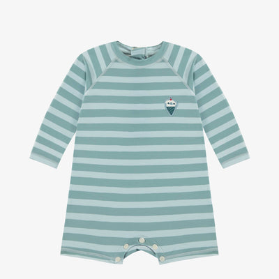 Maillot de bain une-pièce à manches longues bleu à rayures, bébé || Long sleeved one-piece swimwear blue with stripes, baby