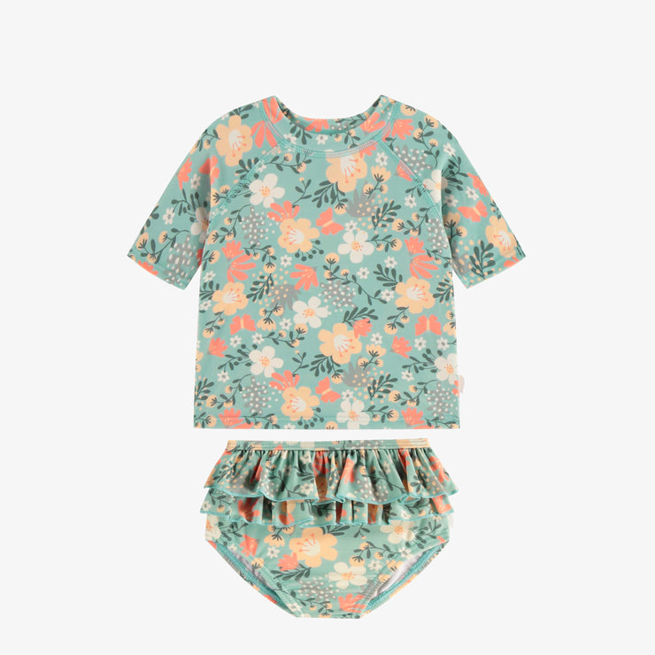 Maillot de bain deux pièces bleu, vert et rose fleuri, bébé || Blue, green and pink two pieces swimsuit with flowery print, baby