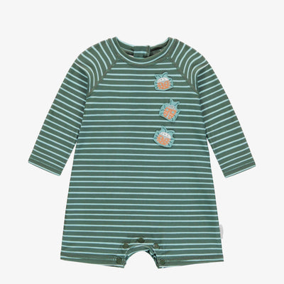 Maillot de bain une-pièce à manches longues vert à rayures avec illustrations de coccinelles, bébé || Long sleeved one-piece swimwear green with stripes, baby