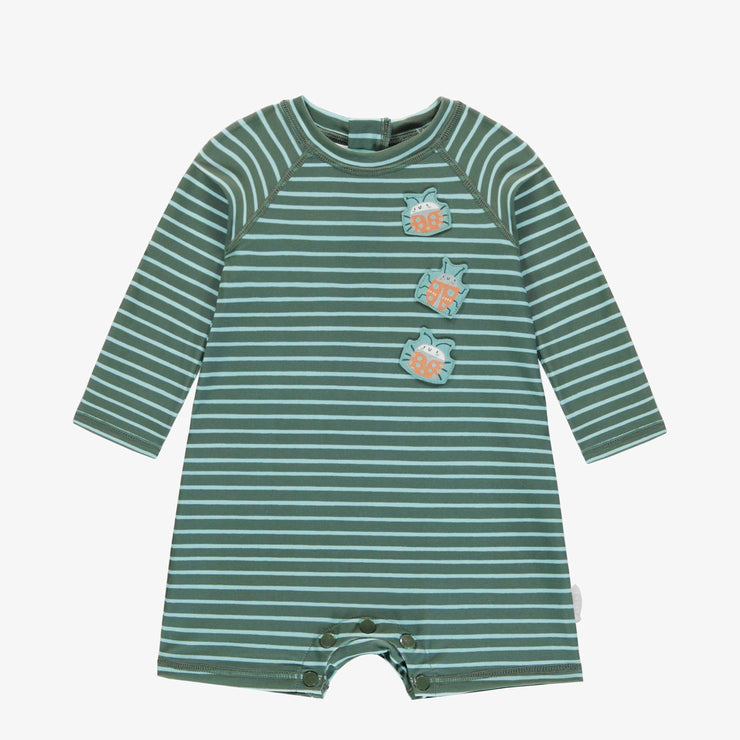 Maillot de bain une-pièce à manches longues vert à rayures avec illustrations de coccinelles, bébé || Long sleeved one-piece swimwear green with stripes, baby