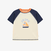 Maillot de bain une-pièce à manches courtes marine à rayures avec illustrations de vague, bébé || Navy one-piece short-sleeved striped swimsuit with wave illustrations, baby