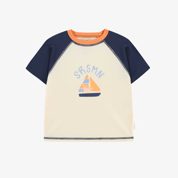 Maillot de bain une-pièce à manches courtes marine à rayures avec illustrations de vague, bébé || Navy one-piece short-sleeved striped swimsuit with wave illustrations, baby