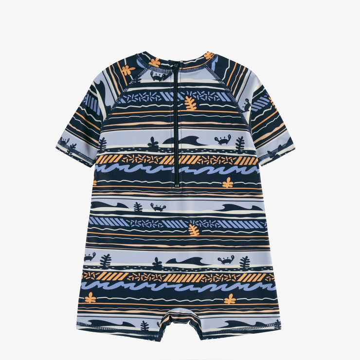 Maillot de bain une-pièce à manches courtes marine à rayures avec illustrations de vague, bébé || Navy one-piece short-sleeved striped swimsuit with wave illustrations, baby