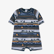 Maillot de bain une-pièce à manches courtes marine à rayures avec illustrations de vague, bébé || Navy one-piece short-sleeved striped swimsuit with wave illustrations, baby