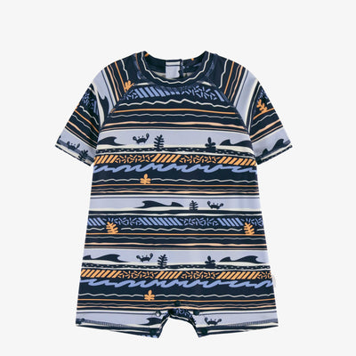 Maillot de bain une-pièce à manches courtes marine à rayures avec illustrations de vague, bébé || Navy one-piece short-sleeved striped swimsuit with wave illustrations, baby