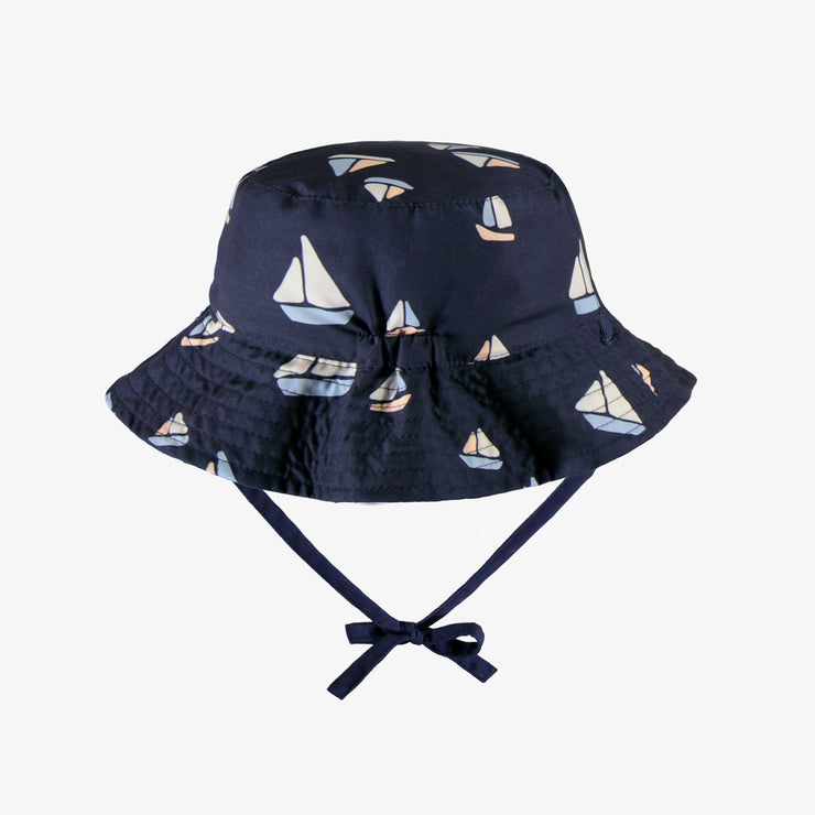 Chapeau de soleil marine réversible à motif de voiliers, bébé || Navy reversible bucket hat with sailboat print, baby