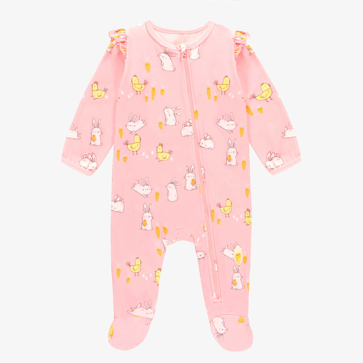 Pyjama une-pièce rose à motif de poules et de lapins, bébé || Pink one-piece pajama with bunnies and chickens print, baby, baby