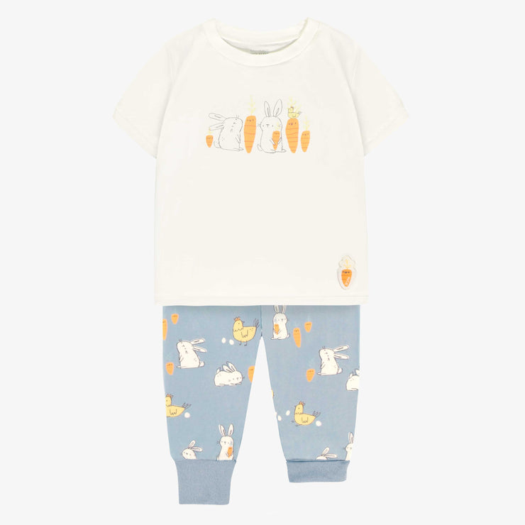 Pyjama deux--pièces bleu et crème à motif de poules et de lapins, bébé || Cream and bleu two-pieces pajama with bunnies and chickens print, baby