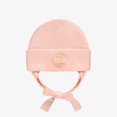 Tuque de maille pêche avec cordons, bébé || Peach knit toque with tie cords, baby