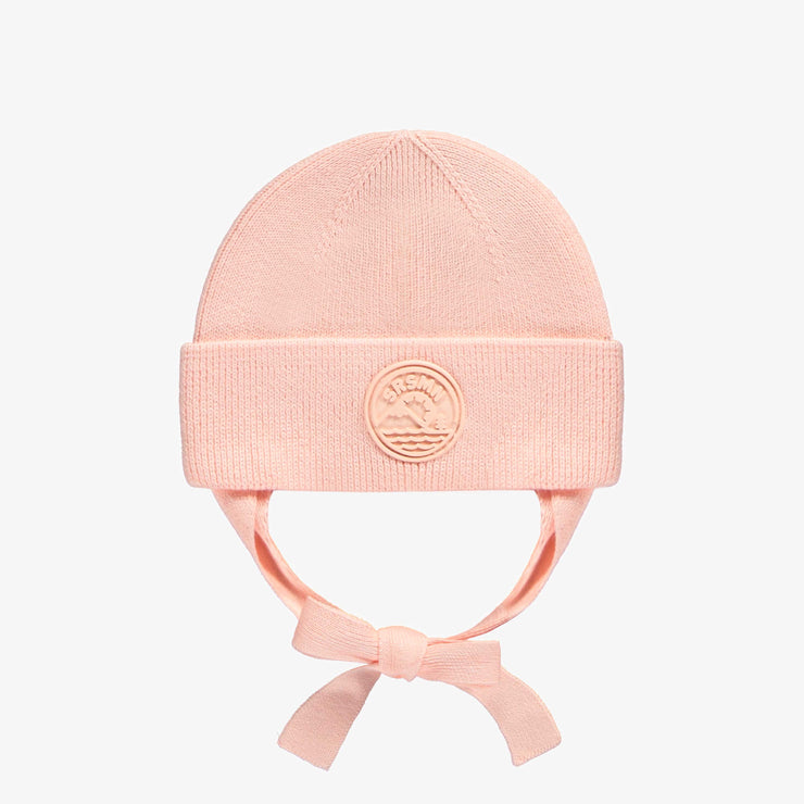 Tuque de maille pêche avec cordons, bébé || Peach knit toque with tie cords, baby