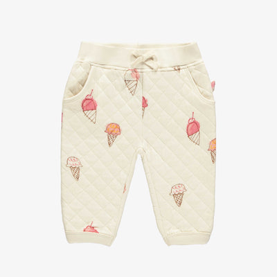 Pantalon coupe décontractée en jersey matelassé crème à motif de crèmes glacées, bébé || Cream relaxed fit pants with ice cream print in quilted jersey, baby