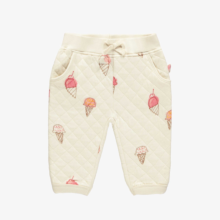 Pantalon coupe décontractée en jersey matelassé crème à motif de crèmes glacées, bébé || Cream relaxed fit pants with ice cream print in quilted jersey, baby