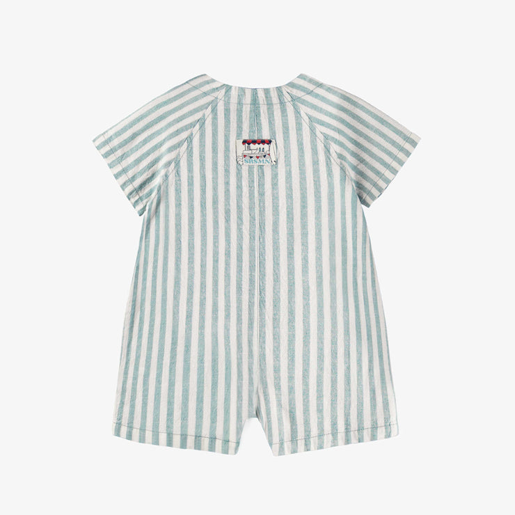 Une pièce manches courtes bleue et crème à rayures en lin et coton, bébé || Blue and cream short sleeved one piece with stripes, baby