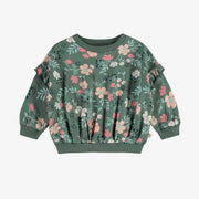 Chandail ample manches longues vert fleuri, bébé || Green long sleeves loose fit sweater with floral print, baby