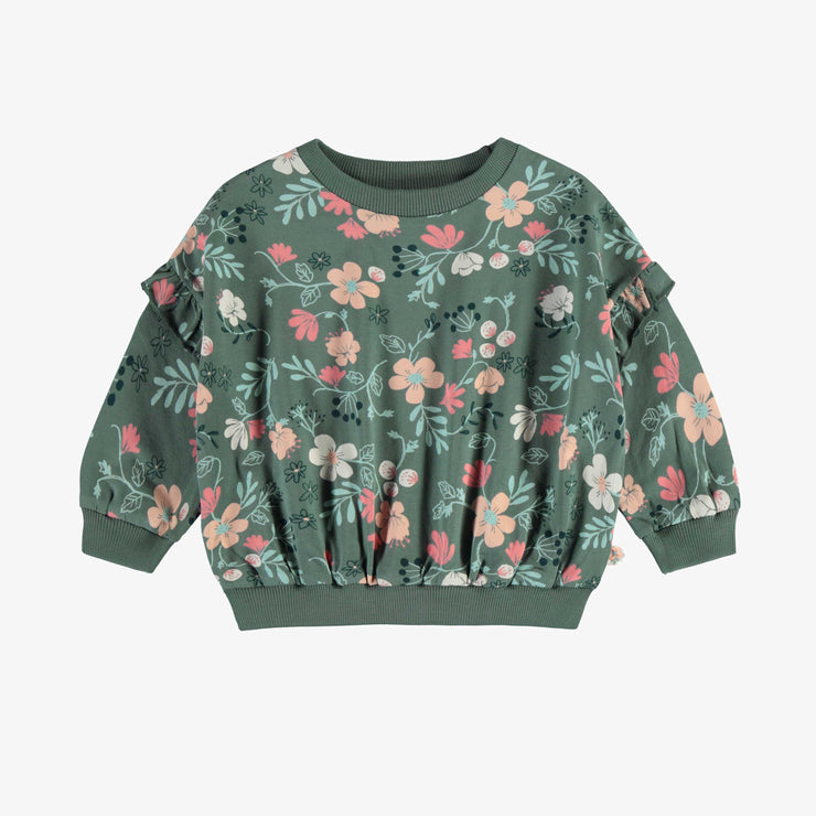 Chandail ample manches longues vert fleuri, bébé || Green long sleeves loose fit sweater with floral print, baby