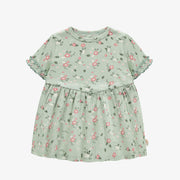 Robe régulière évasée à manches courtes vert clair fleuri, bébé || Light green flowery short sleeves regular fit flared dress, baby