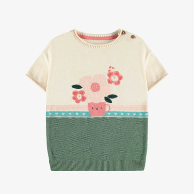 Robe de maille à manches courtes vert, crème et corail motif jacquard floral, bébé