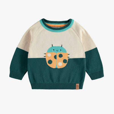 Chandail de maille à manches longue vert, crème et motif jacquard insecte, bébé || Long sleeve knitted sweater in green, cream and insect jacquard pattern, baby