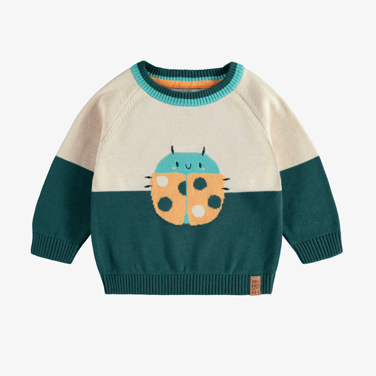 Chandail de maille à manches longue vert, crème et motif jacquard insecte, bébé || Long sleeve knitted sweater in green, cream and insect jacquard pattern, baby