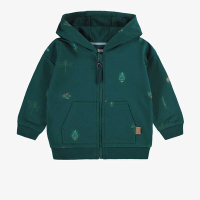 Chandail à capuchon et à manches longues vert à motif en coton français, bébé || Green long sleeves regular sweater with pattern in french terry, baby