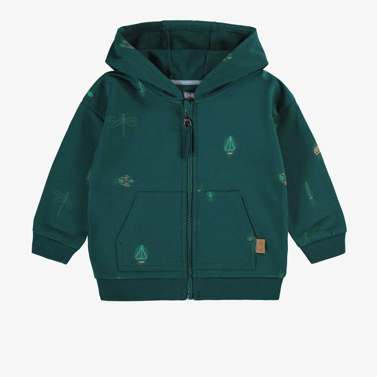 Chandail à capuchon et à manches longues vert à motif en coton français, bébé || Green long sleeves regular sweater with pattern in french terry, baby