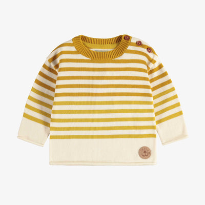 Chandail de maille à manches longues et rayures crème, jaune et ocre, bébé || Cream, yellow and ochre striped long sleeves knitted sweater, baby