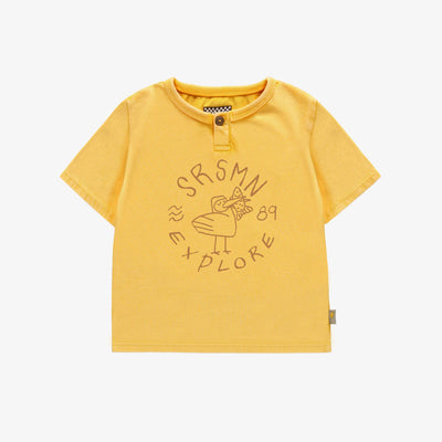 T-shirt jaune à manches courtes avec un pélican en jersey, bébé || Yellow short sleeves t-shirt  with pelican in cotton, baby