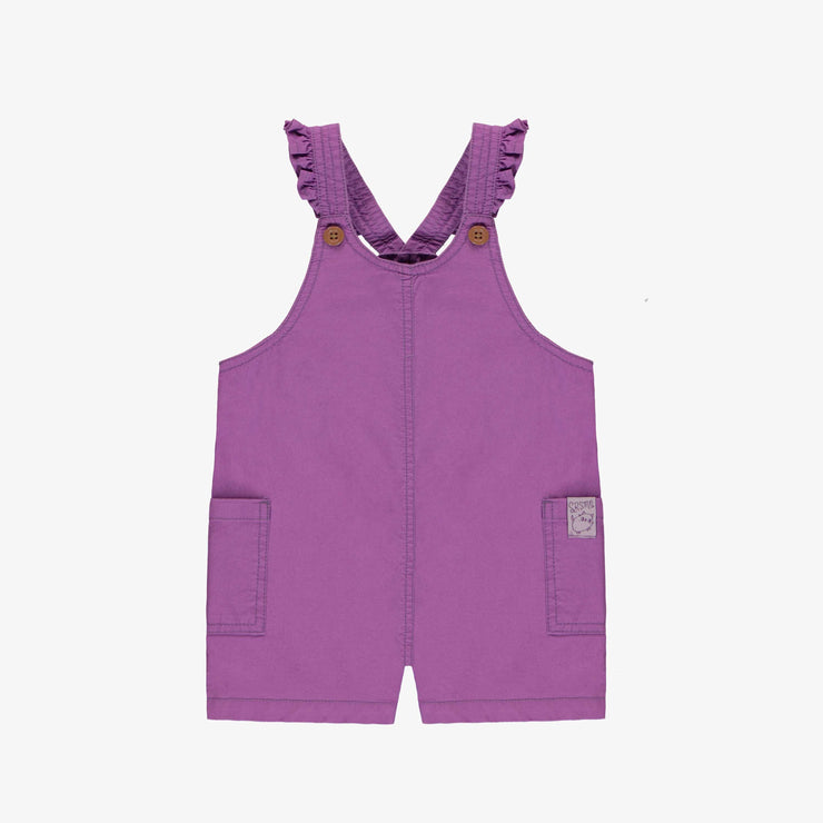 Salopette courte mauve avec bretelles à volants en coton, bébé || Short purple overall with ruffled straps in cotton, baby