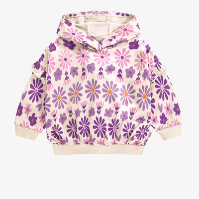 Chandail à capuchon crème fleuri mauve en coton français, bébé || Cream hoodie with purple floral print in French terry, baby