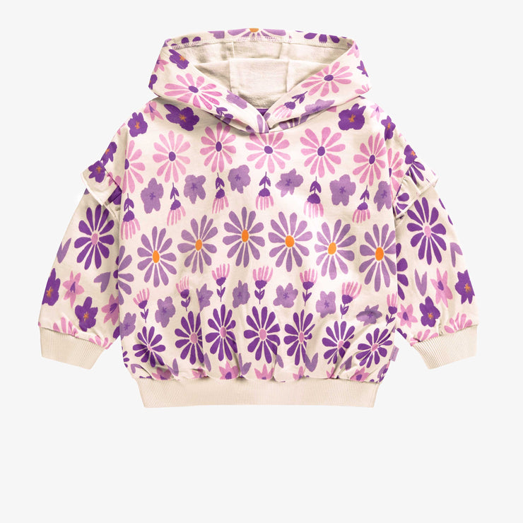 Chandail à capuchon crème fleuri mauve en coton français, bébé || Cream hoodie with purple floral print in French terry, baby