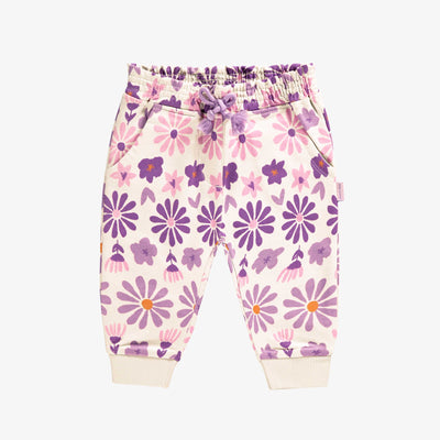 Pantalon crème fleuri mauve en coton français, bébé || Cream pants with purple floral print in French terry, baby