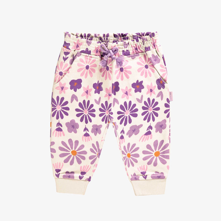 Pantalon crème fleuri mauve en coton français, bébé || Cream pants with purple floral print in French terry, baby
