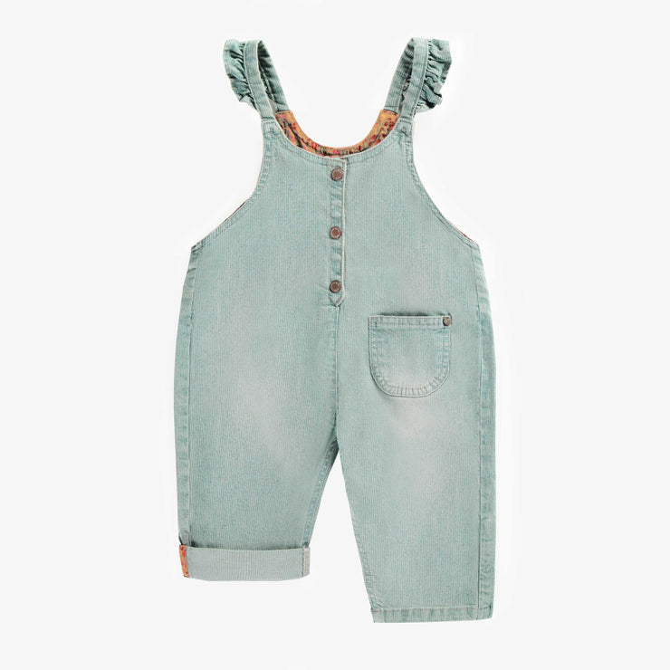 Salopette ample à volants et jambe droite en denim rayé pâle, bébé || Loose fit overalls with ruffles and straight leg in denim railroad, baby 