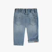 Pantalon coupe étroite en denim extensible avec broderies de fleurs, bleu pâle, bébé || Light blue stretch denim pants with flower embroidery, slim fit, baby 