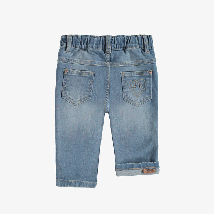 Pantalon coupe étroite en denim extensible avec broderies de fleurs, bleu pâle, bébé || Light blue stretch denim pants with flower embroidery, slim fit, baby 