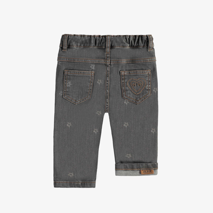 Pantalon coupe étroite en denim extensible, gris foncé avec motif fleuri, bébé