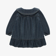 Robe coupe régulière/évasée, manches longues, en denim léger, bleu foncé, bébé  || Lightweight dark blue stretch denim dress, baby 