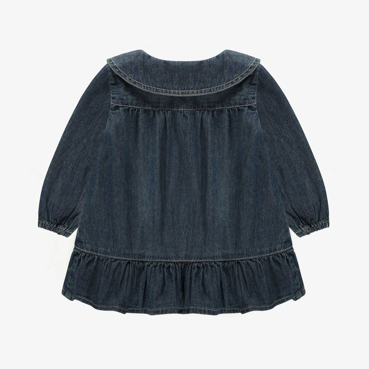 Robe coupe régulière/évasée, manches longues, en denim léger, bleu foncé, bébé  || Lightweight dark blue stretch denim dress, baby 