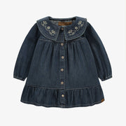 Robe coupe régulière/évasée, manches longues, en denim léger, bleu foncé, bébé  || Lightweight dark blue stretch denim dress, baby 