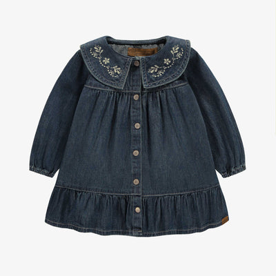 Robe coupe régulière/évasée, manches longues, en denim léger, bleu foncé, bébé  || Lightweight dark blue stretch denim dress, baby 