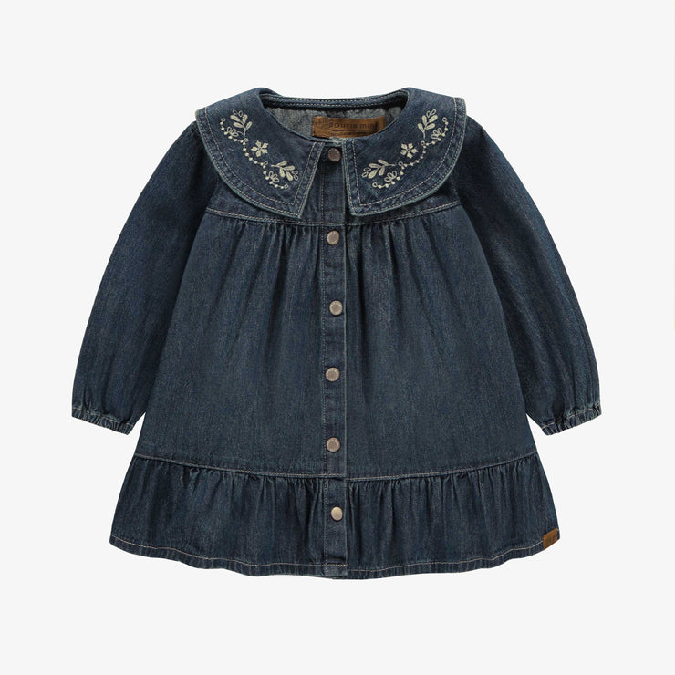 Robe coupe régulière/évasée, manches longues, en denim léger, bleu foncé, bébé  || Lightweight dark blue stretch denim dress, baby 