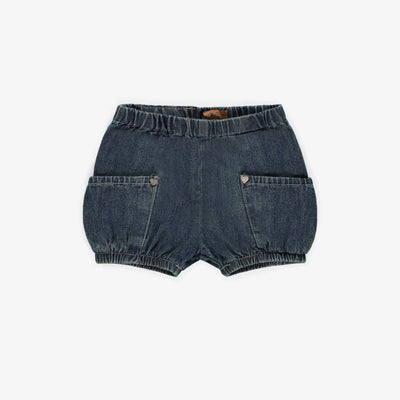 Short coupe décontractée en denim léger bleu foncé, bébé  || Relaxed fit short in light dark denim, baby
