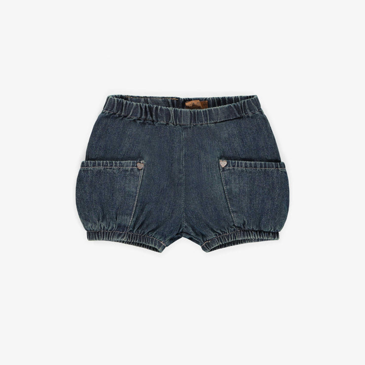 Short coupe décontractée en denim léger bleu foncé, bébé  || Relaxed fit short in light dark denim, baby