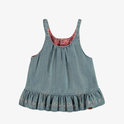 Robe tunique à bretelles de coupe régulière/évasée en denim pâle léger, bébé || Relaxed/flared fit tunic dress with straps in light denim, baby