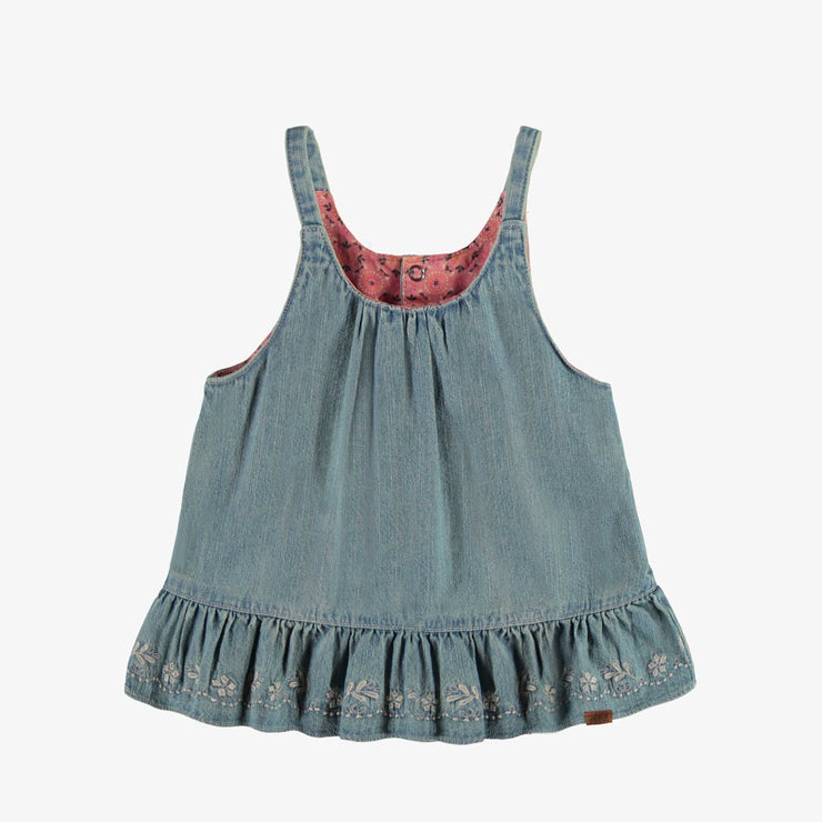Robe tunique à bretelles de coupe régulière/évasée en denim pâle léger, bébé || Relaxed/flared fit tunic dress with straps in light denim, baby