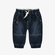 Pantalon coupe régulière en denim extensible, bleu foncé, bébé || Regular fit pants in dark stretch denim, baby