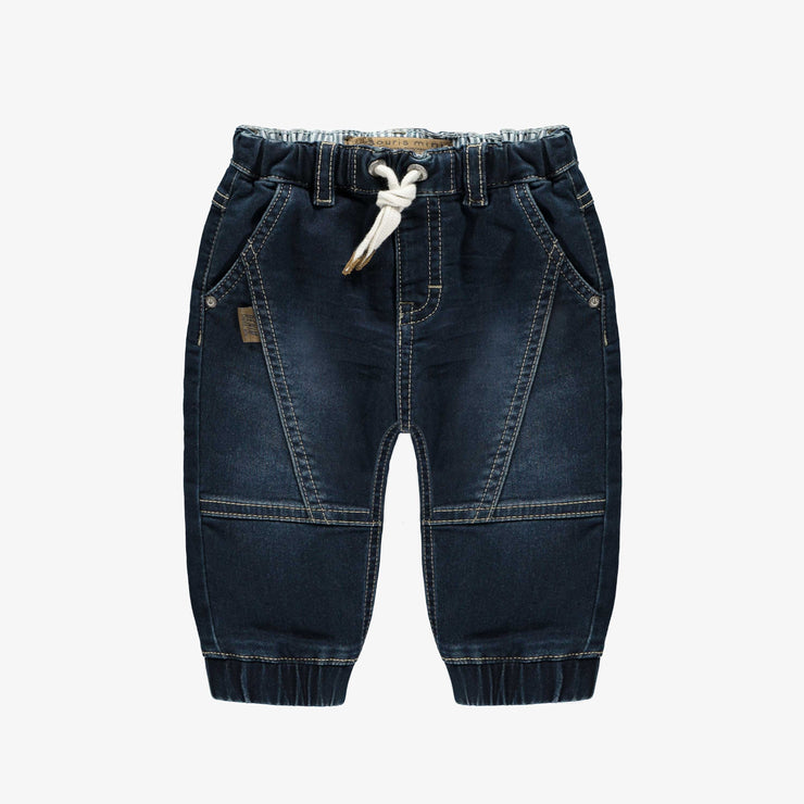Pantalon coupe régulière en denim extensible, bleu foncé, bébé || Regular fit pants in dark stretch denim, baby