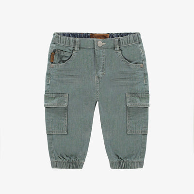 Pantalon coupe régulière, style jogger en denim cheminot extensible, bleu pâle, bébé || Regular-fit, jogger-style pants in light blue stretch denim, baby