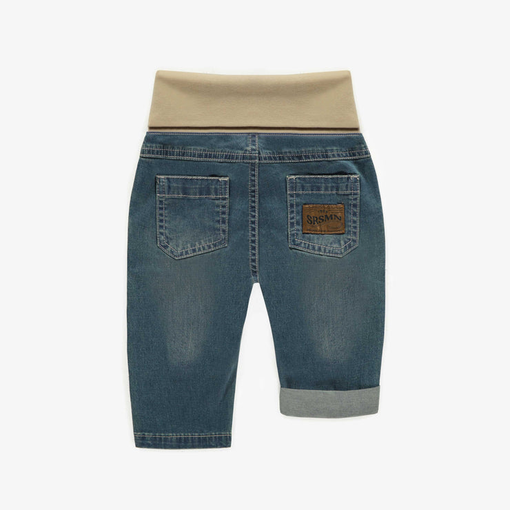 Pantalon évolutif coupe décontractée en denim léger et extensible, bleu moyen, bébé || Evolutive pants relaxed fit in light and stretch denim, baby
