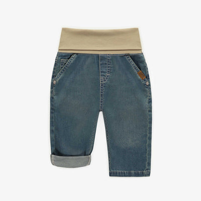 Pantalon évolutif coupe décontractée en denim léger et extensible, bleu moyen, bébé || Evolutive pants relaxed fit in light and stretch denim, baby